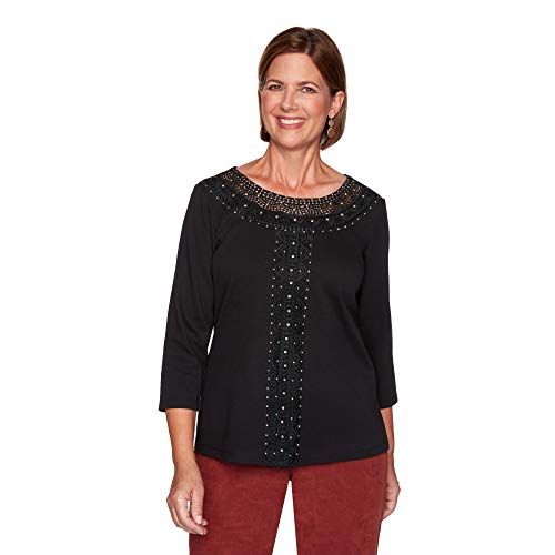 Alfred Dunner Women's Catwalk Solid Center Crochet Knit Top - Petite Size, Black, Petite Small