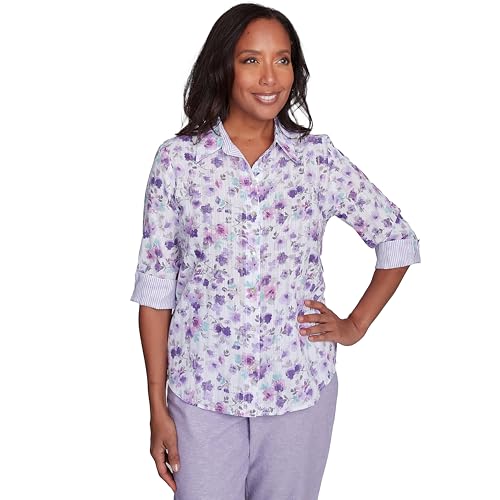 Alfred Dunner Flower with Contrast Strip Button Down Blouse