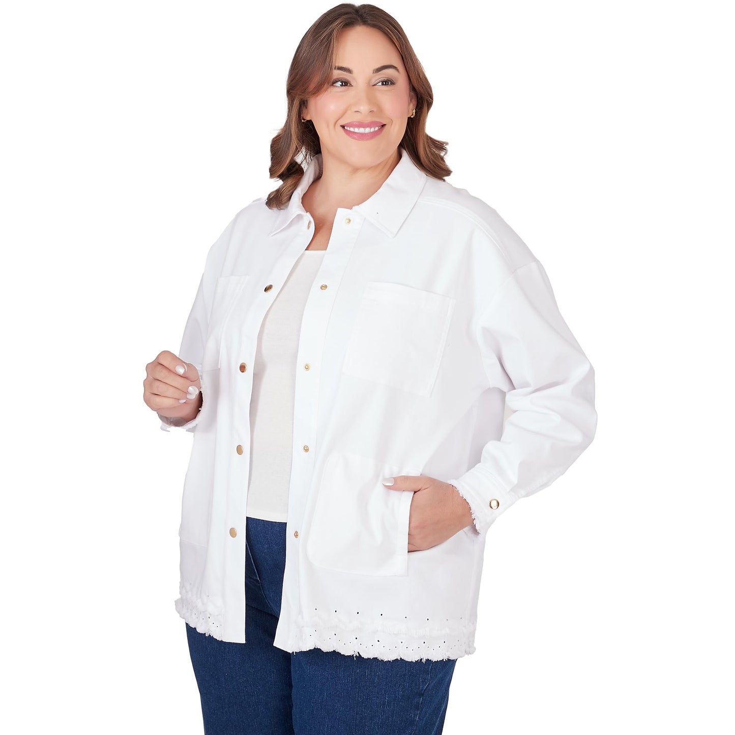 Ruby Rd White Denim Jacket With Fringe
