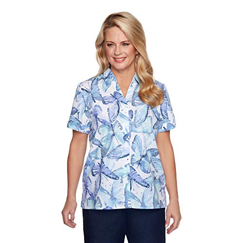 Alfred Dunner Women's Casual Butterfly Print Burnout Lightweight Short Sleeve Button Down Collar Shirt Size S Blue