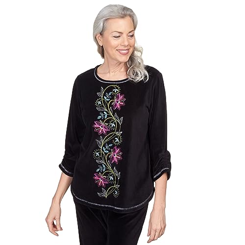 Alfred Dunner Women's Center Floral Embroidered Velour Shirttail Top Size S Black