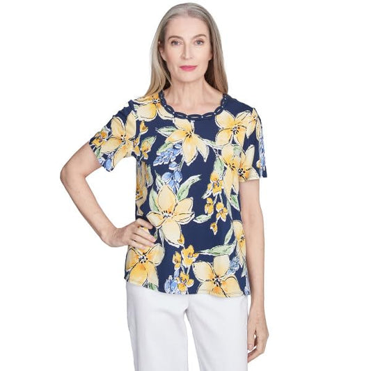 Alfred Dunner Key Item Navy Floral Cotton Top Short Sleeve