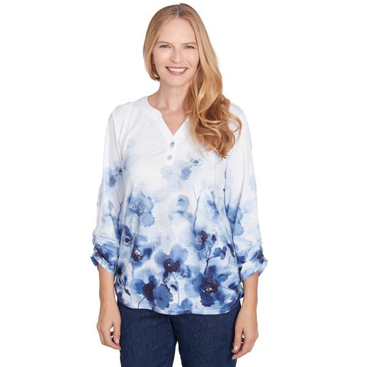 Alfred Dunner Classic Border Floral Polyester Top Navy/White