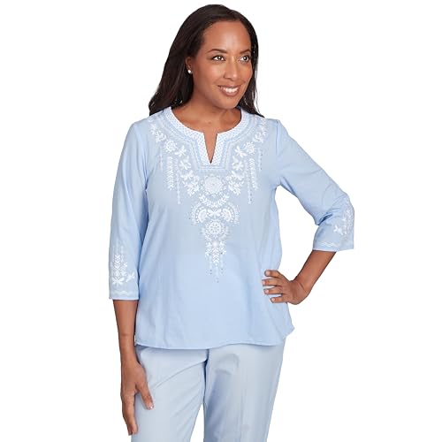 Alfred Dunner Embroidered Yoke and Sleeve Polyester Cotton Top