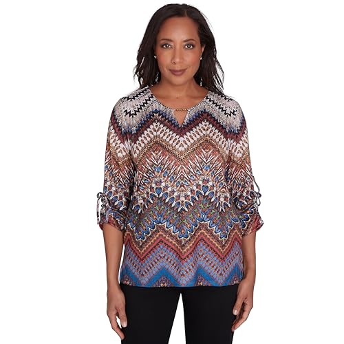 Alfred Dunner Harvest Moon Chevron Tuxtchured Slit Neck Multicolored Polyester Top