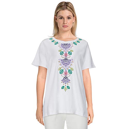 Alfred Dunner Women's Leaf Embroidered Short Sleeve Soft Knit Top (Small Petite, White)