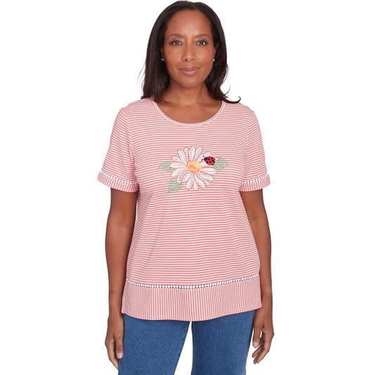 Alfred Dunner Daisy Strip Short Sleeve Cotton/Poly Coral Color Top (US, Alpha, Medium, Regular, Regular, Standard, Coral)