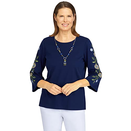 Alfred Dunner Women's Petite Petite Embroidered Sleeve Everyday Top Size PS Navy