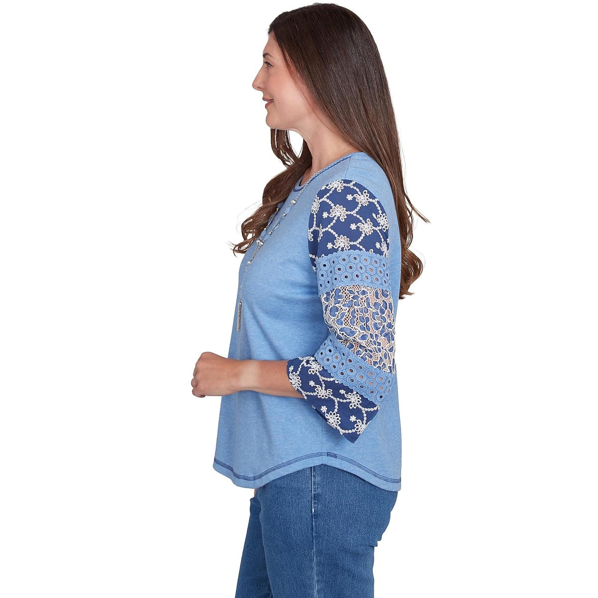 Alfred Dunner Free Spirit Cotton/Poly Top with Patchwork Sleeve (US, Alpha, X-Large, Regular, Regular, Standard, Blue)