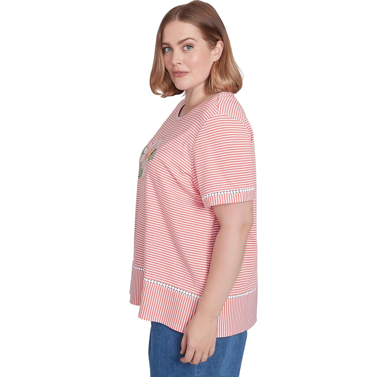 Alfred Dunner Women's Daisy Knit Striped Tee Size S Coral
