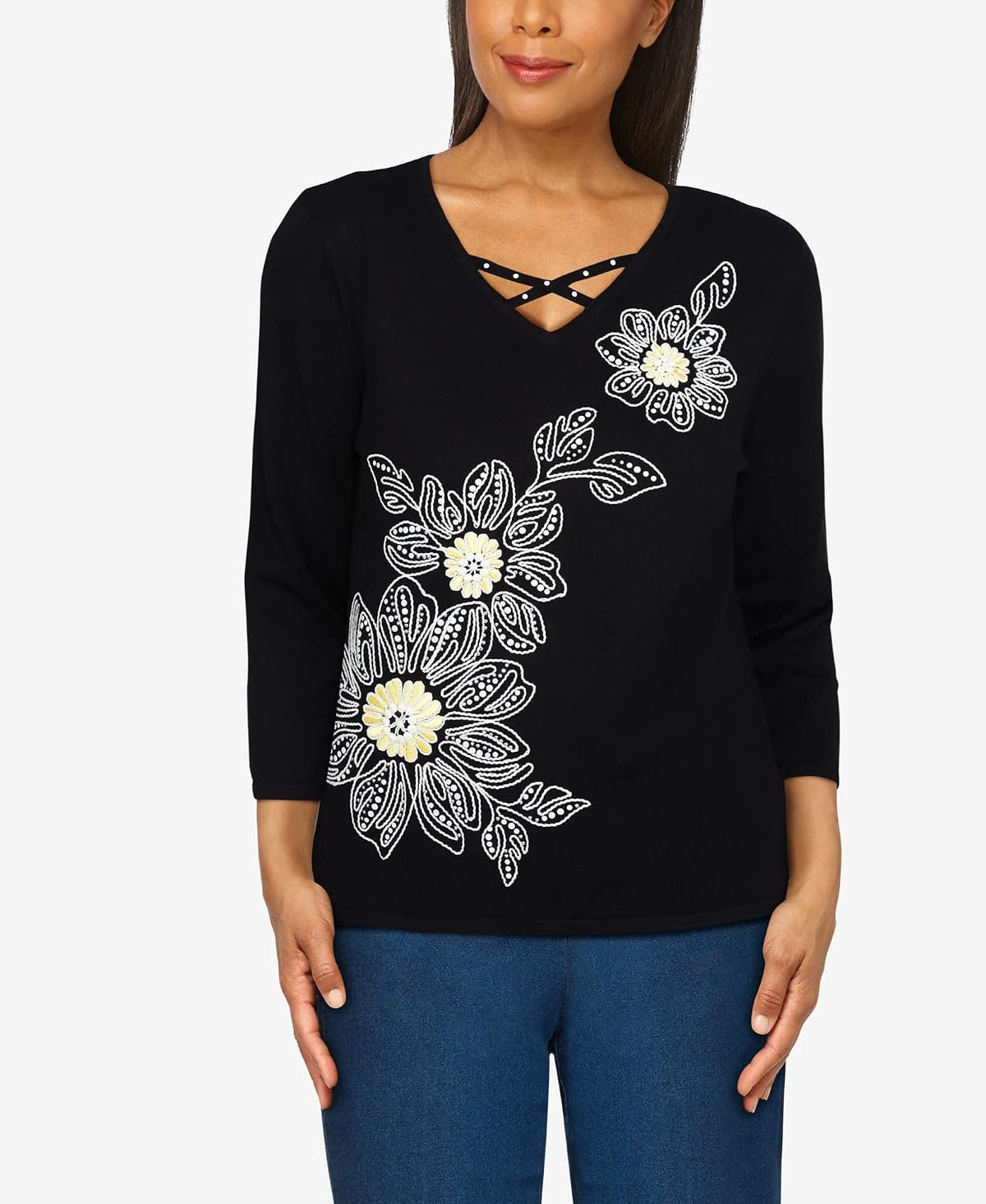 Alfred Dunner Women's Petite Solid Floral Embroidery Strappy V-Neck Sweater Size PL Black