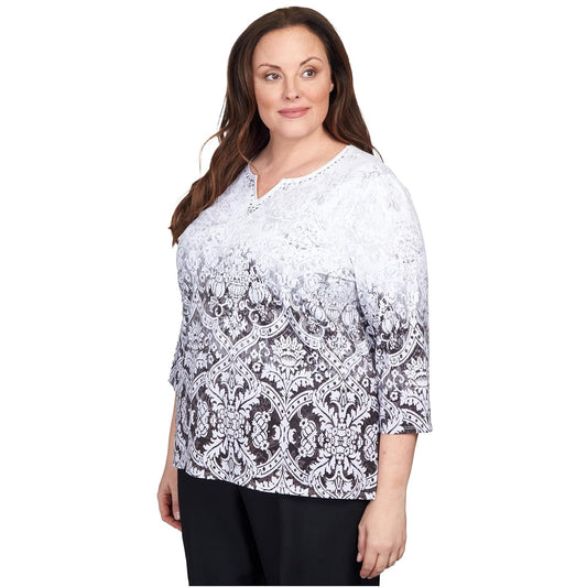 Alfred Dunner Classics Cotton Top Black/White/Grey with Slit Neck Embellished Size 2X