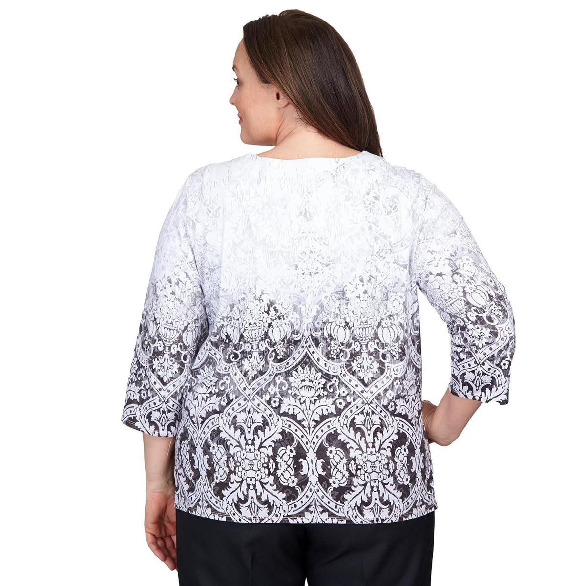 Alfred Dunner Classics Cotton Top Black/White/Grey with Slit Neck Embellished Size 2X