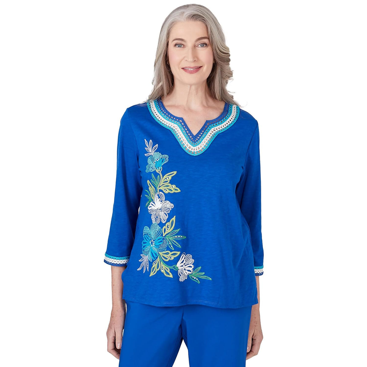 Alfred Dunner Tradewinds Cobalt Color Top Embroidered (US, Alpha, X-Large, Regular, Petite, Cobalt)