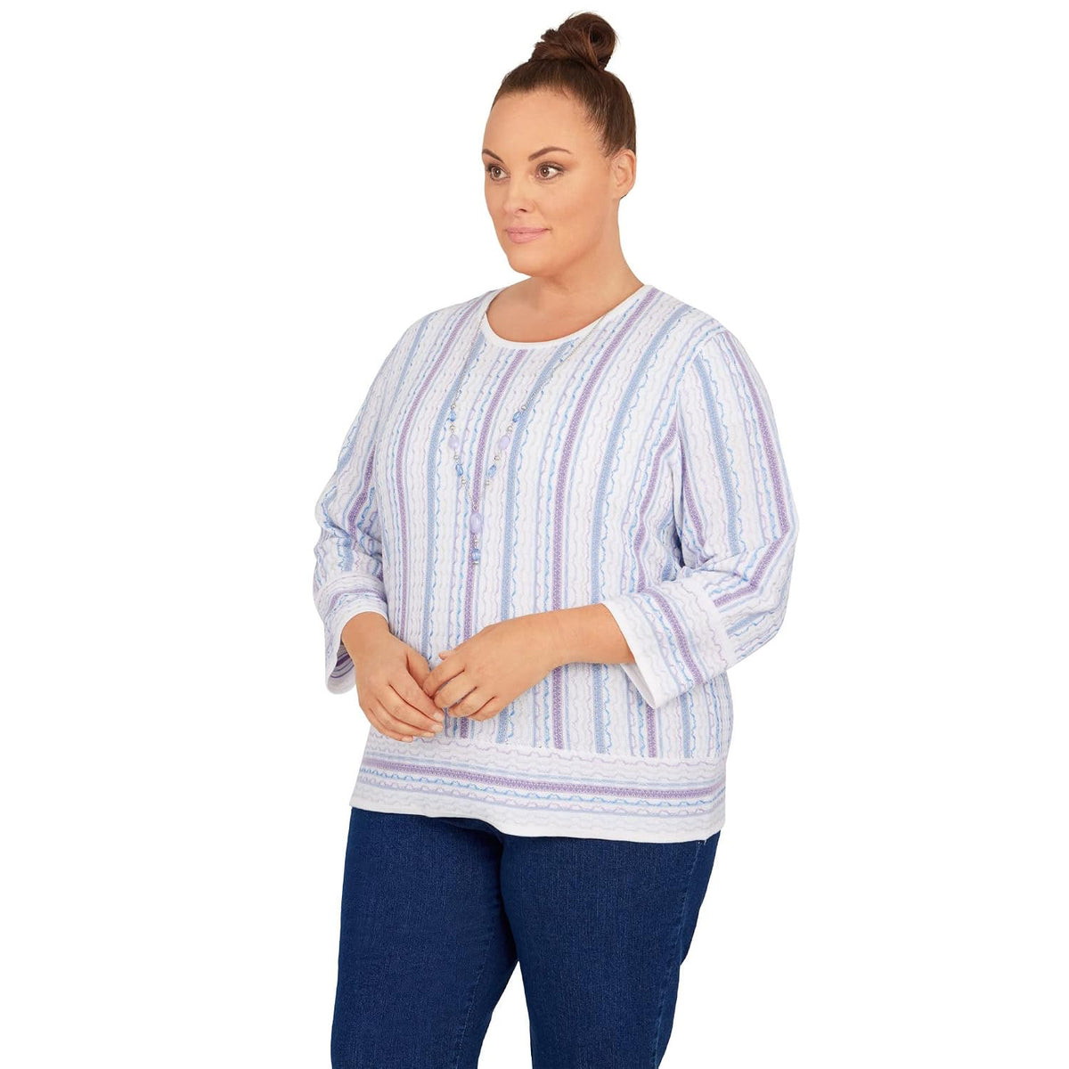 Alfred Dunner Women's Plus-Size Womens Crewneck Three-Quarter Bell Sleeve Stripe Sweater with Removable Necklace Size 3X Multi