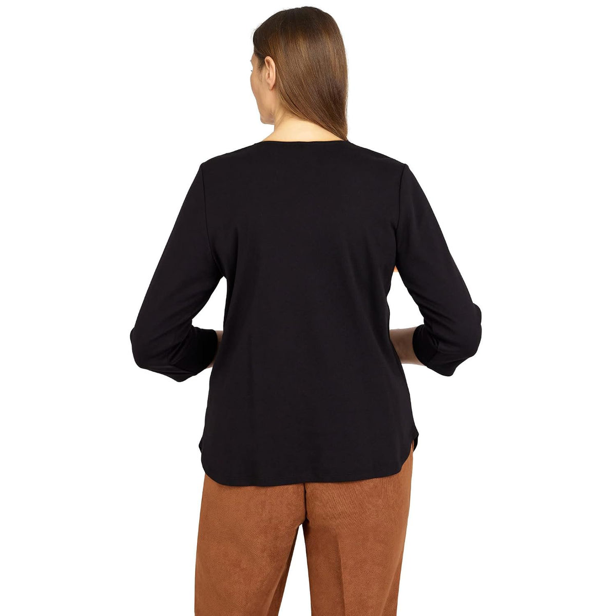 Alfred Dunner Women's Petite Womens Beaded Split Neck 3/4 Sleeve Top Size PS Black