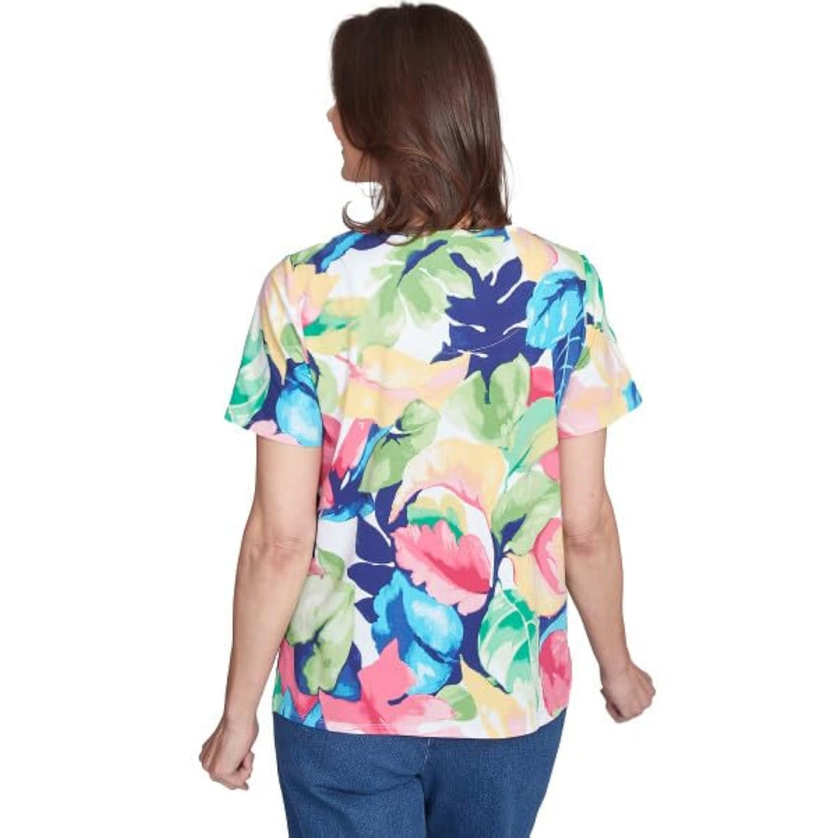 Alfred Dunner Key Item Cotton Tropical Leaves Short Sleeve (US, Alpha, Small, Regular, Regular, Standard, Multi)