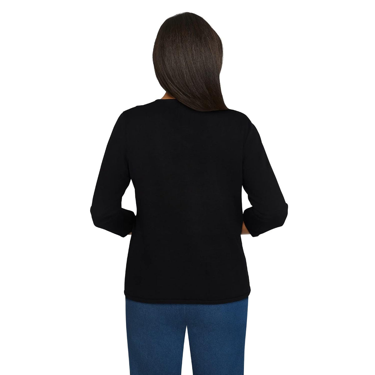 Alfred Dunner Women's Petite Solid Floral Embroidery Strappy V-Neck Sweater Size PL Black