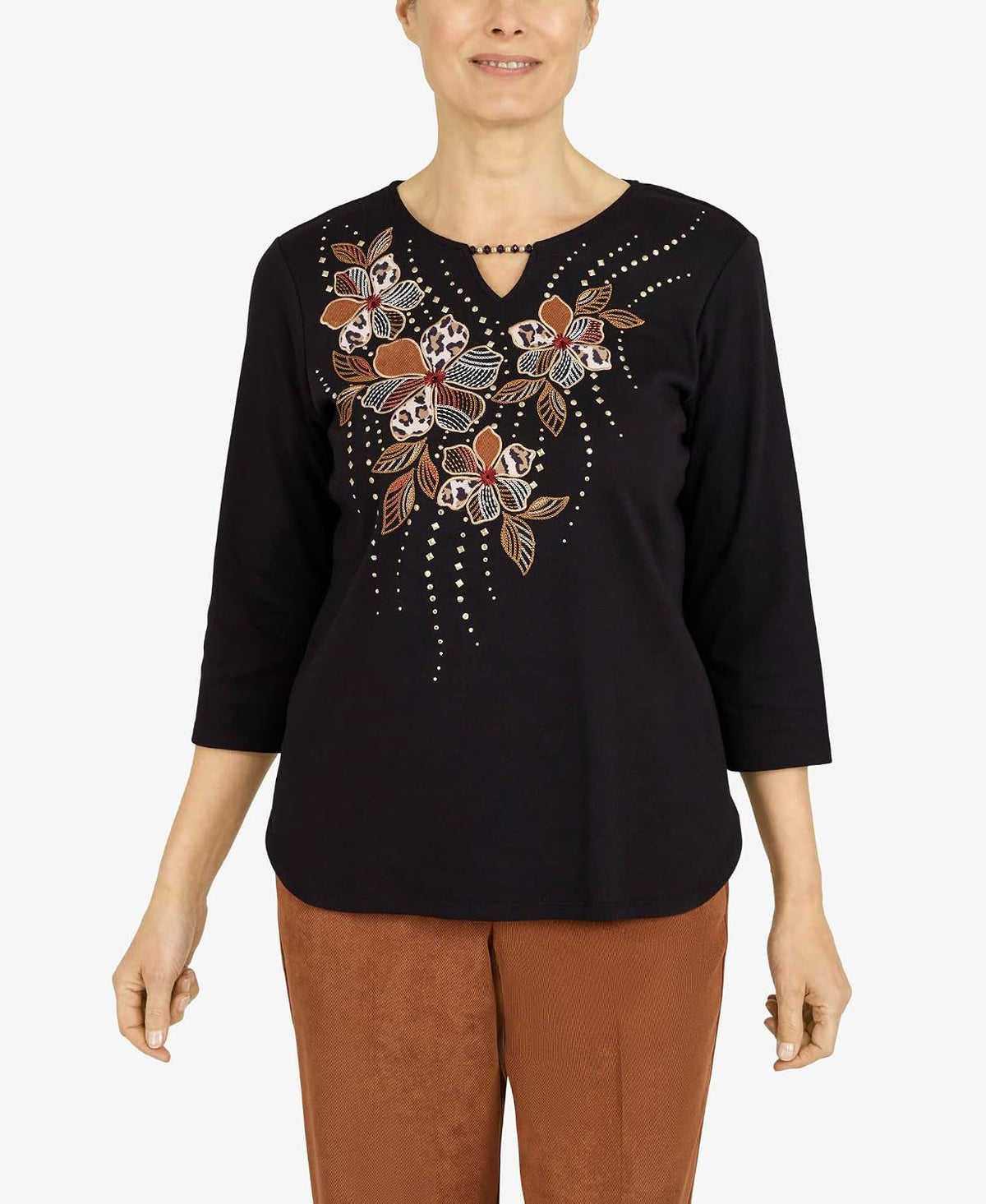 Alfred Dunner Women's Petite Womens Beaded Split Neck 3/4 Sleeve Top Size PS Black