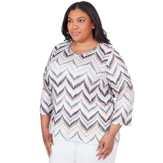 Alfred Dunner Classics Neutral Polyester ZigZag With Shimmer Top (US, Alpha, 1X, Plus, Regular, Plus Size, Multi)