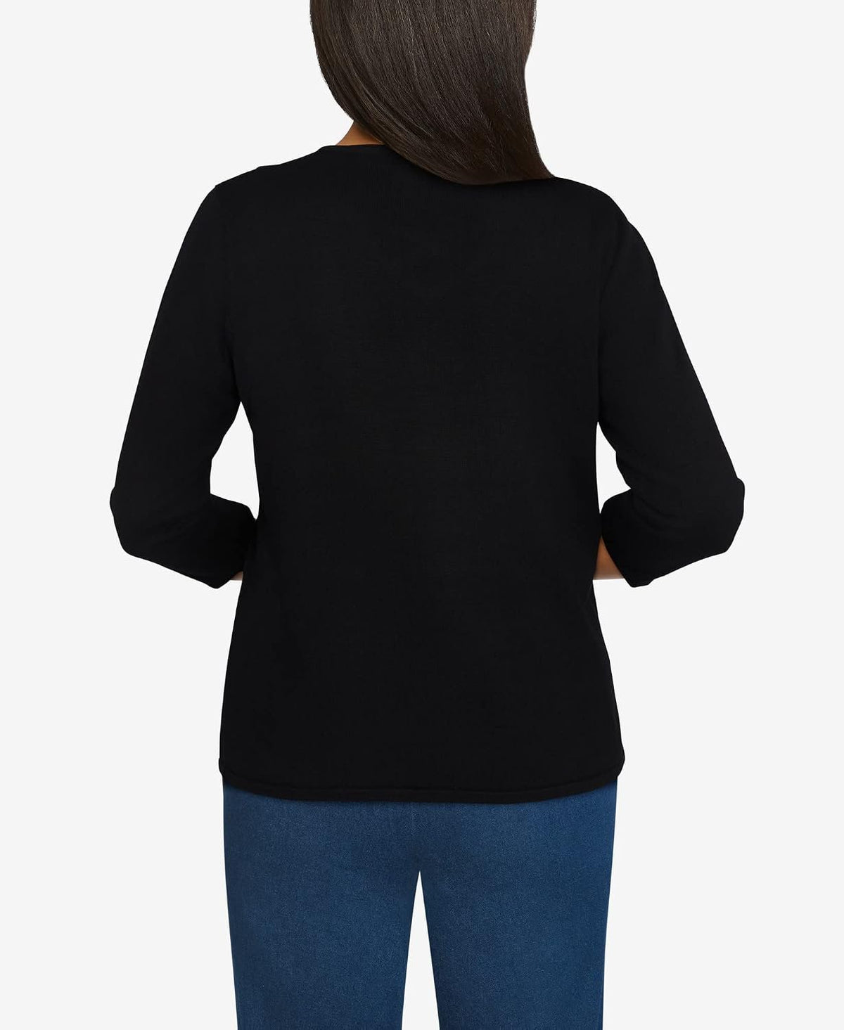 Alfred Dunner Women's Petite Solid Floral Embroidery Strappy V-Neck Sweater Size PL Black