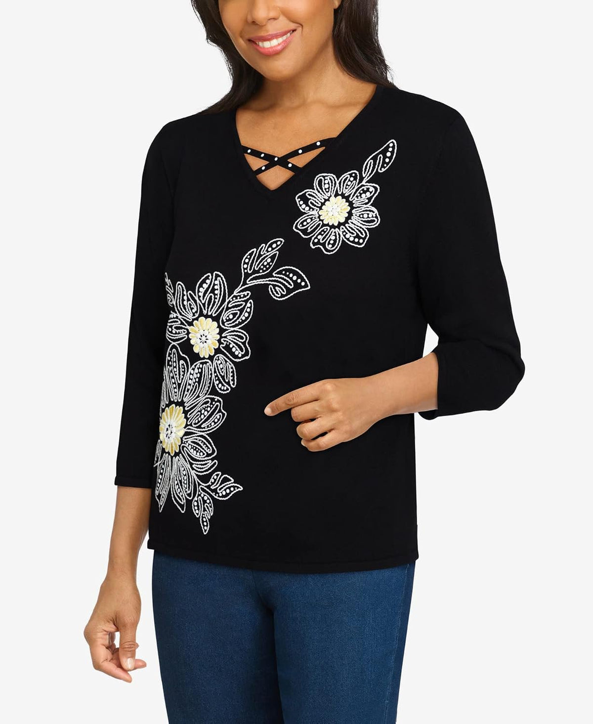 Alfred Dunner Women's Petite Solid Floral Embroidery Strappy V-Neck Sweater Size PL Black