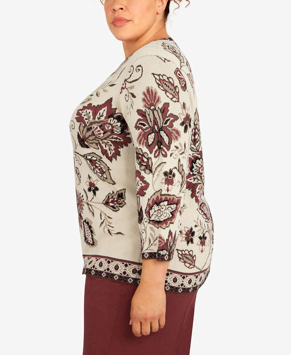 Alfred Dunner Women's Plus-Size Floral Jacquard Geometric Trim Sweater Size 3X Multi