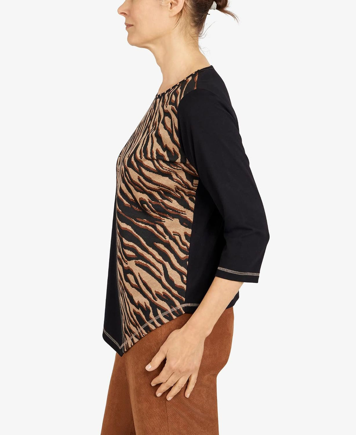 Alfred Dunner Women's Petite Womens Spliced Asymmetrical Hemline 3/4 Sleeve Top Size PS Multi