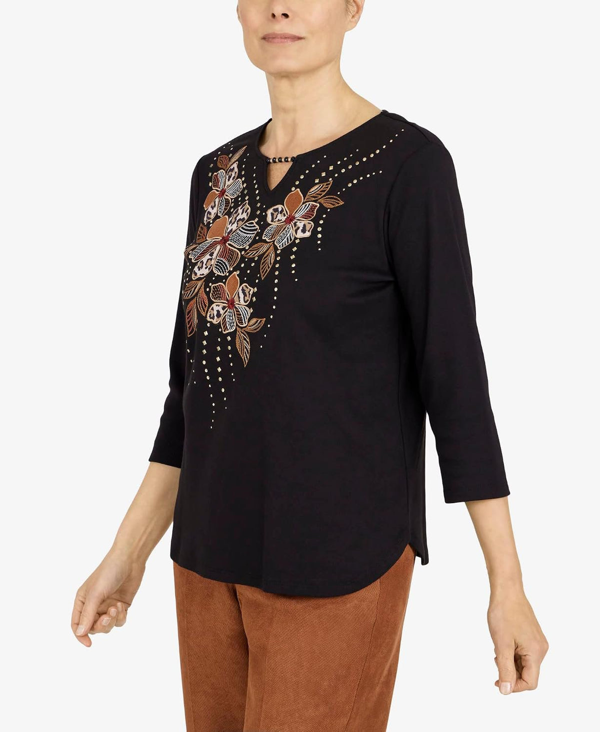 Alfred Dunner Women's Petite Womens Beaded Split Neck 3/4 Sleeve Top Size PS Black