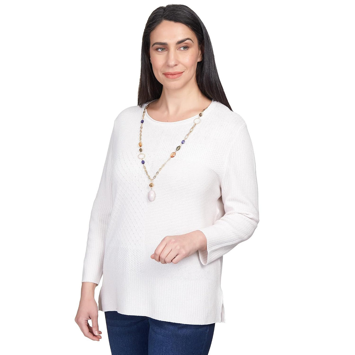 Alfred Dunner Women's Solid Texture Split Hem Sweater with Necklace Size XL Ivory