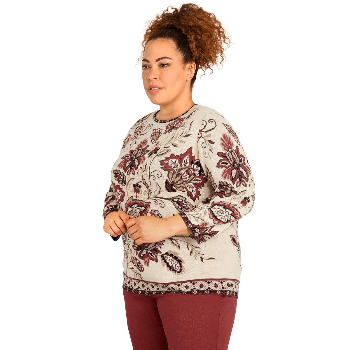 Alfred Dunner Women's Plus-Size Floral Jacquard Geometric Trim Sweater Size 3X Multi