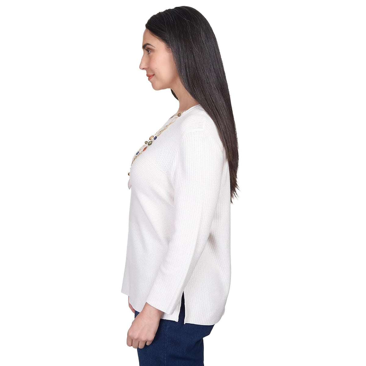 Alfred Dunner Women's Solid Texture Split Hem Sweater with Necklace Size XL Ivory