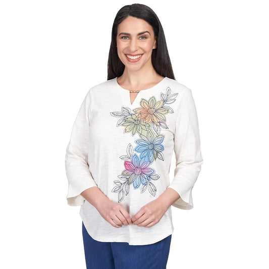 Alfred Dunner Women's Asymmetric Flower Embroidery Shirttail Top Size M Oatmeal