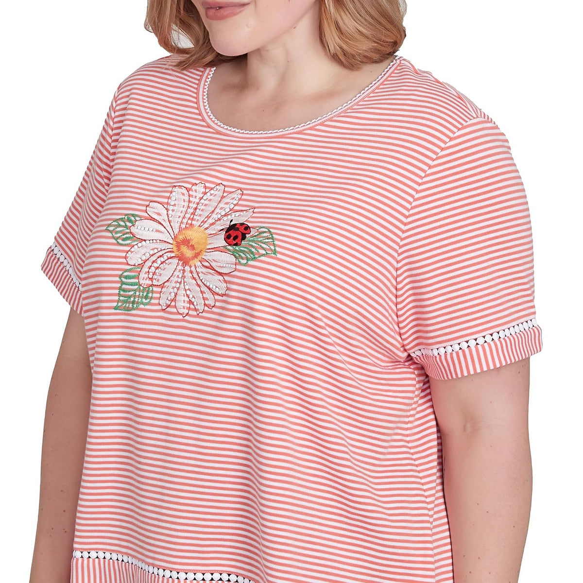 Alfred Dunner Women's Daisy Knit Striped Tee Size S Coral