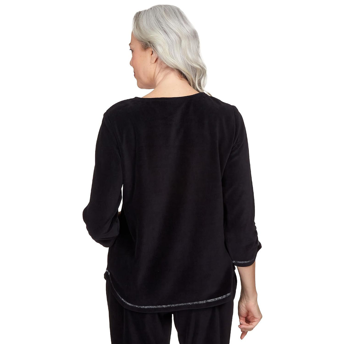Alfred Dunner Women's Petite Center Floral Embroidered Velour Shirttail Top Size PS Black