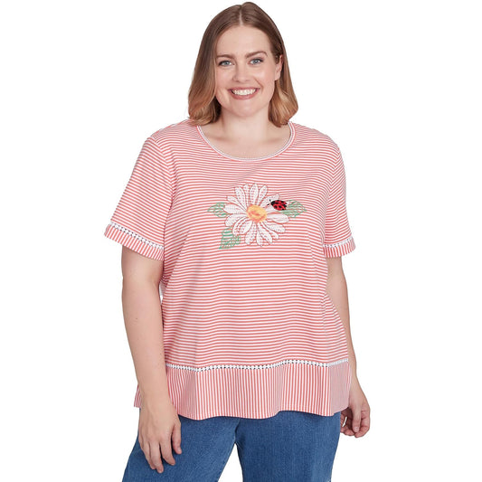 Alfred Dunner Women's Daisy Knit Striped Tee Size S Coral