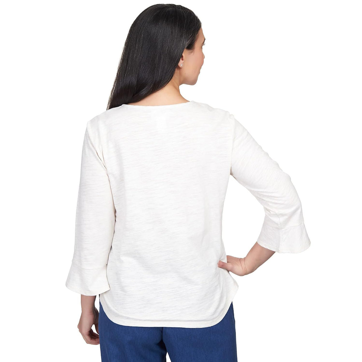 Alfred Dunner Women's Asymmetric Flower Embroidery Shirttail Top Size M Oatmeal