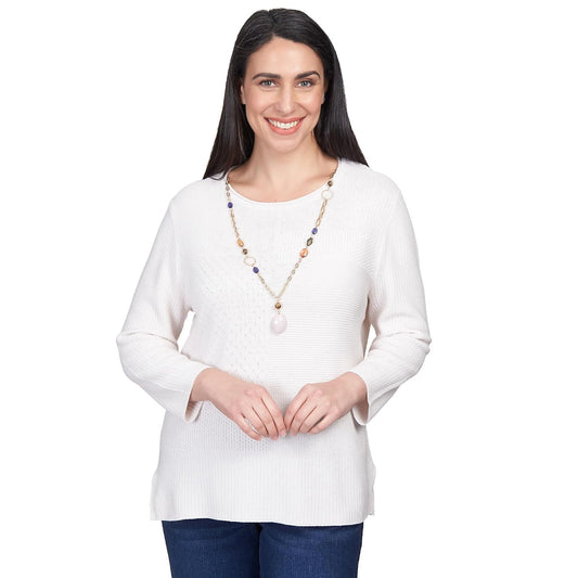 Alfred Dunner Women's Petite Solid Texture Split Hem Sweater with Necklace Size PM Ivory