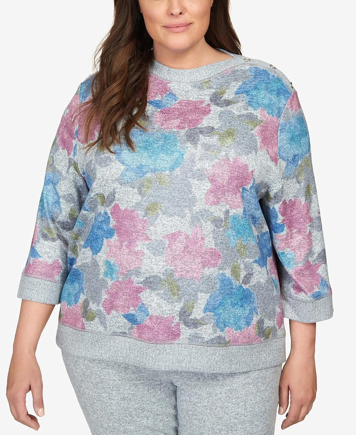 Alfred Dunner Comfort Zone Floral sweater With Slit Hem (US, Alpha, 1X, Plus, Regular, Standard, Multi)