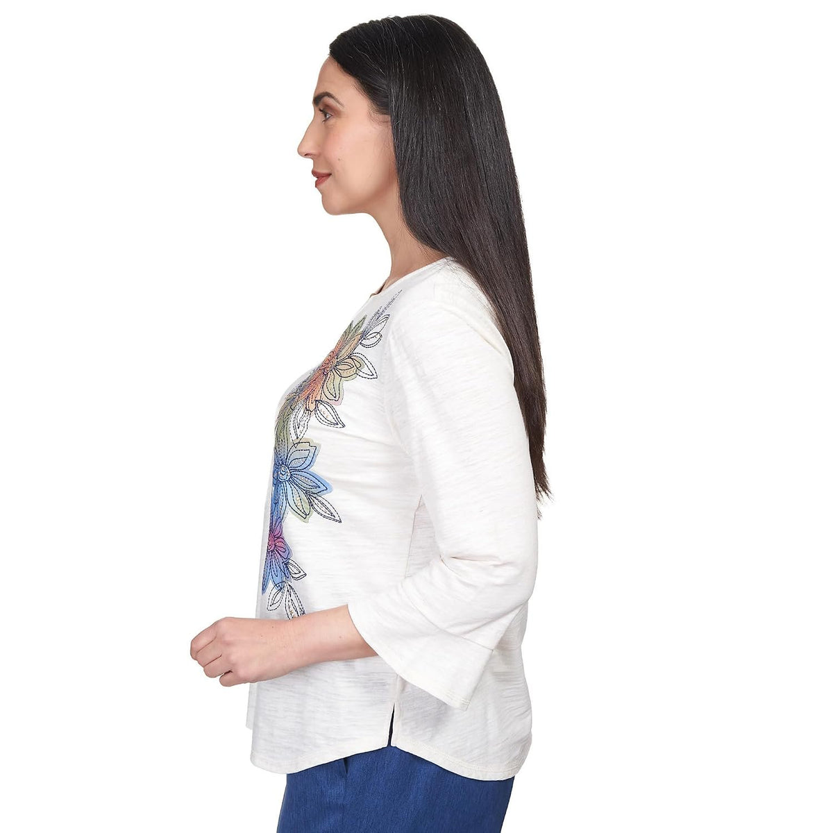 Alfred Dunner Women's Asymmetric Flower Embroidery Shirttail Top Size M Oatmeal