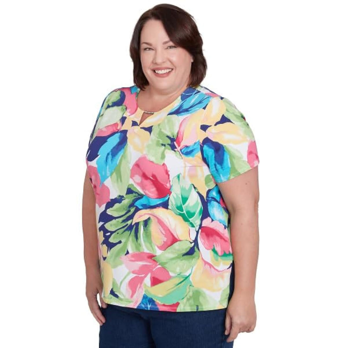 Alfred Dunner Key Item Cotton Tropical Leaves Short Sleeve (US, Alpha, 1X, Plus, Regular, Plus Size, Multi)