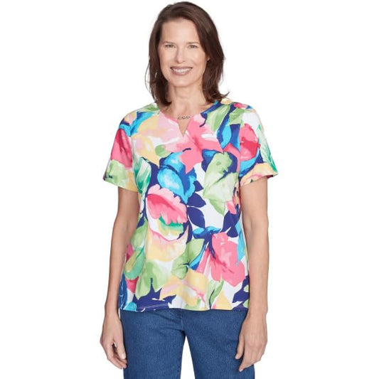 Alfred Dunner Key Item Cotton Tropical Leaves Short Sleeve (US, Alpha, Small, Regular, Regular, Standard, Multi)