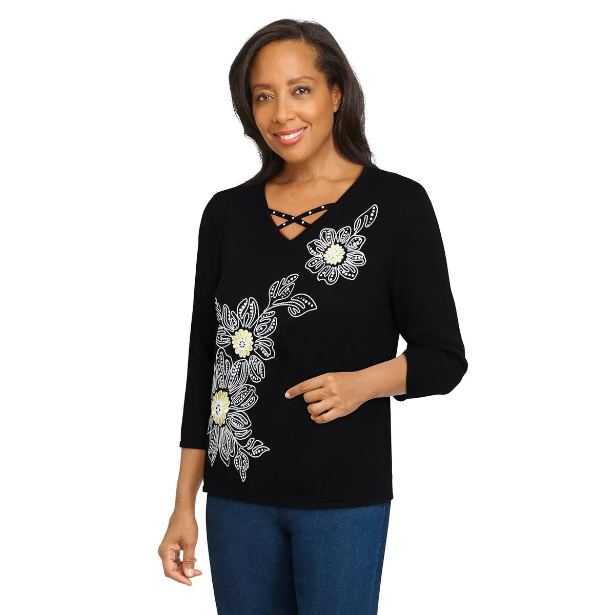 Alfred Dunner Women's Petite Solid Floral Embroidery Strappy V-Neck Sweater Size PL Black