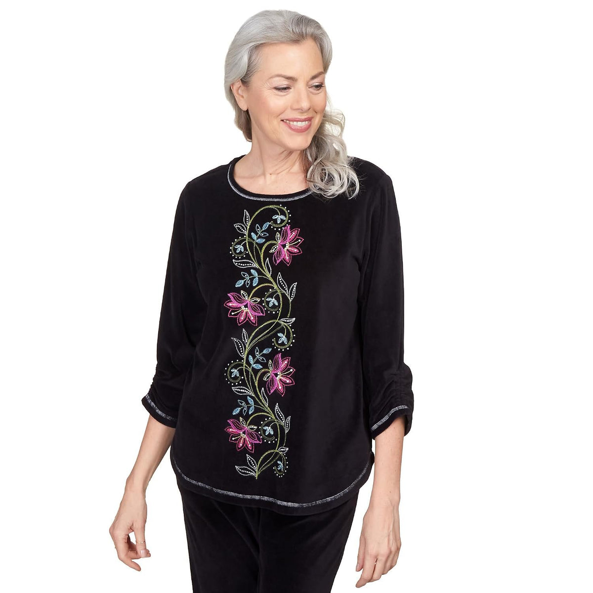 Alfred Dunner Women's Petite Center Floral Embroidered Velour Shirttail Top Size PS Black