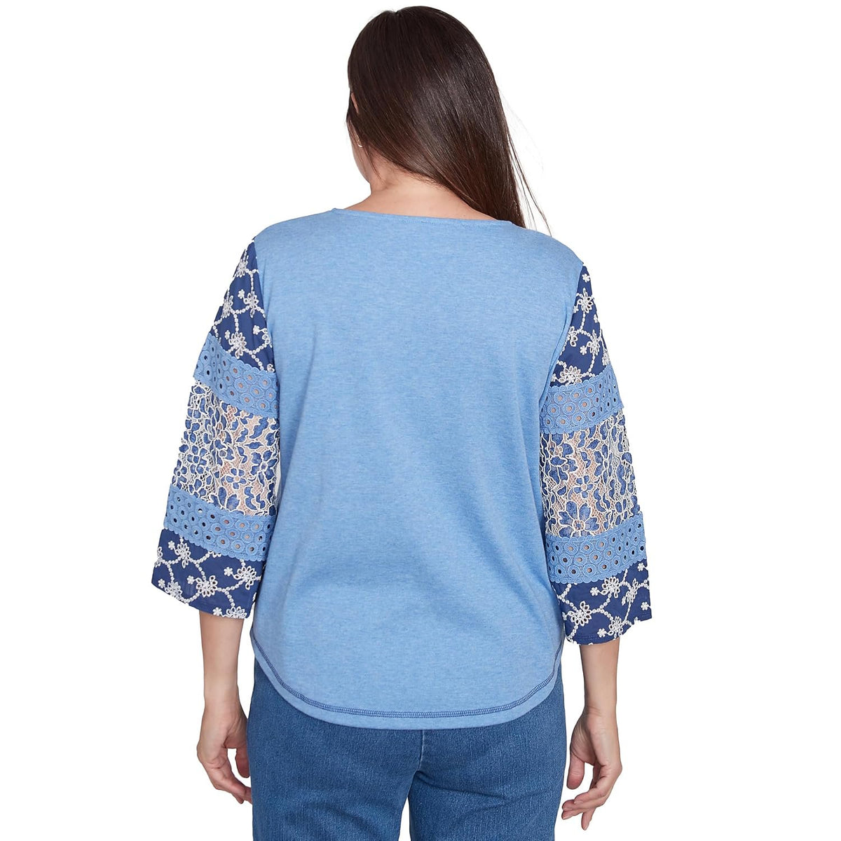 Alfred Dunner Free Spirit Cotton/Poly Top with Patchwork Sleeve (US, Alpha, X-Large, Regular, Regular, Standard, Blue)