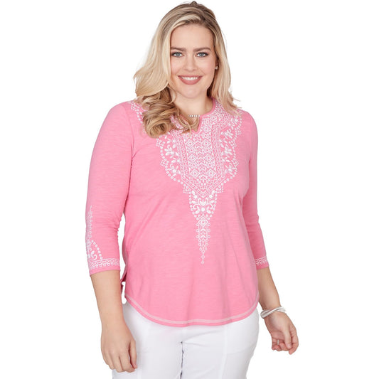 Alfred Dunner Women's Embroidered Split Neck Three Quarter Sleeve Top, Size XL, Pink Multi