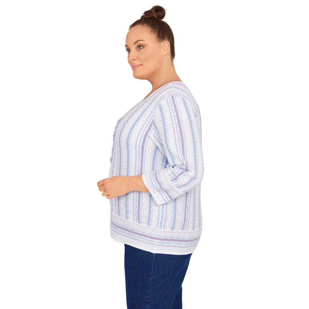 Alfred Dunner Women's Plus-Size Womens Crewneck Three-Quarter Bell Sleeve Stripe Sweater with Removable Necklace Size 3X Multi