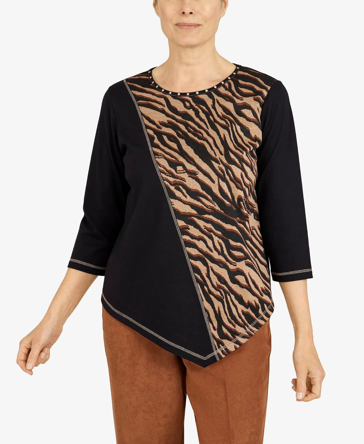 Alfred Dunner Women's Petite Womens Spliced Asymmetrical Hemline 3/4 Sleeve Top Size PS Multi
