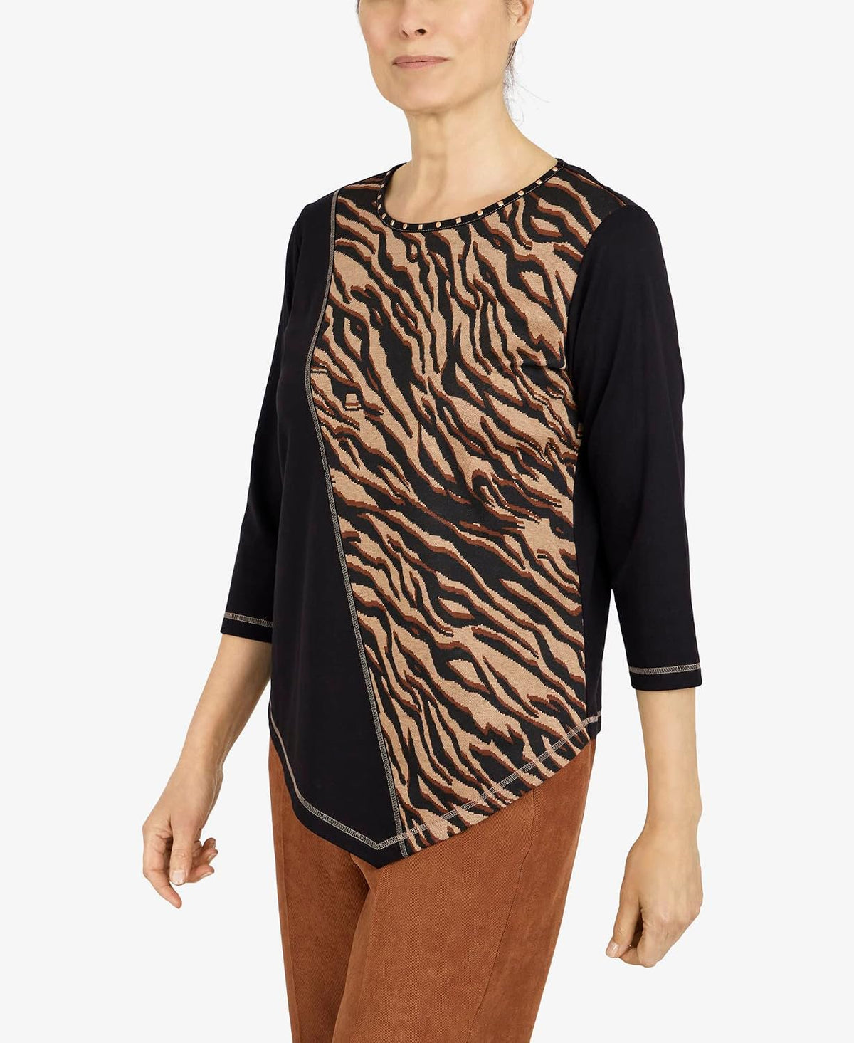 Alfred Dunner Women's Petite Womens Spliced Asymmetrical Hemline 3/4 Sleeve Top Size PS Multi