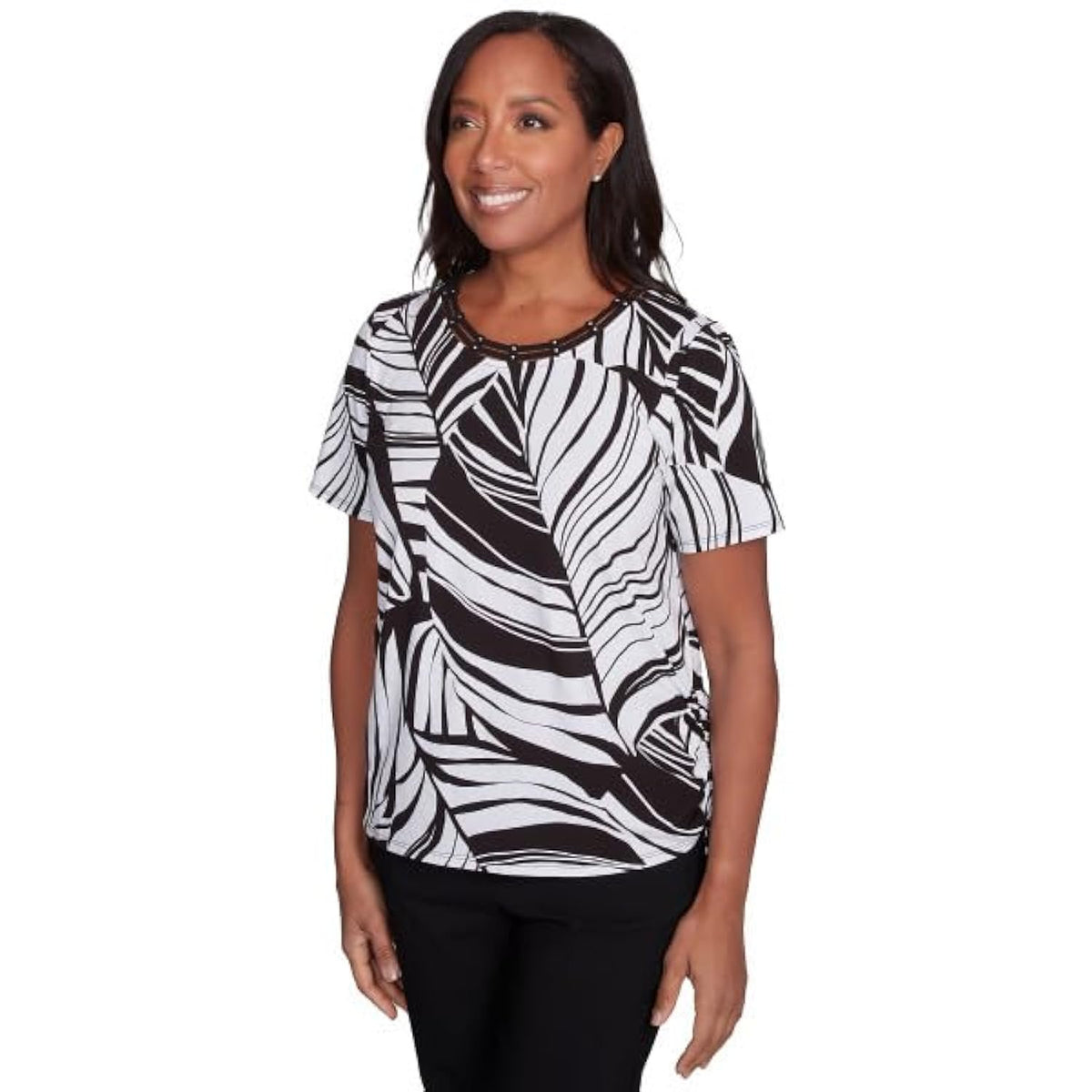 Alfreddunner Leave Print Short Sleeve Cotton Shirt (US, Alpha, X-Large, Regular, Petite, Petite, Black/White)